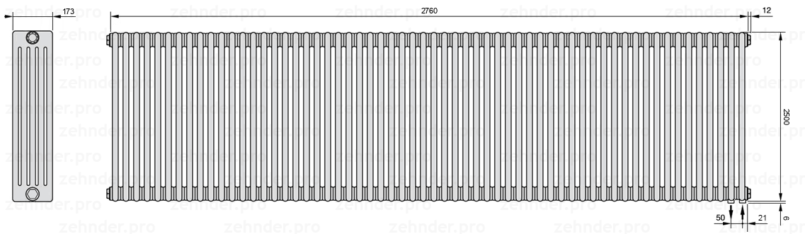 Схема (чертеж) Радиатор Zehnder Charleston 5250/60 №5510 Белый глянцевый RAL 9016